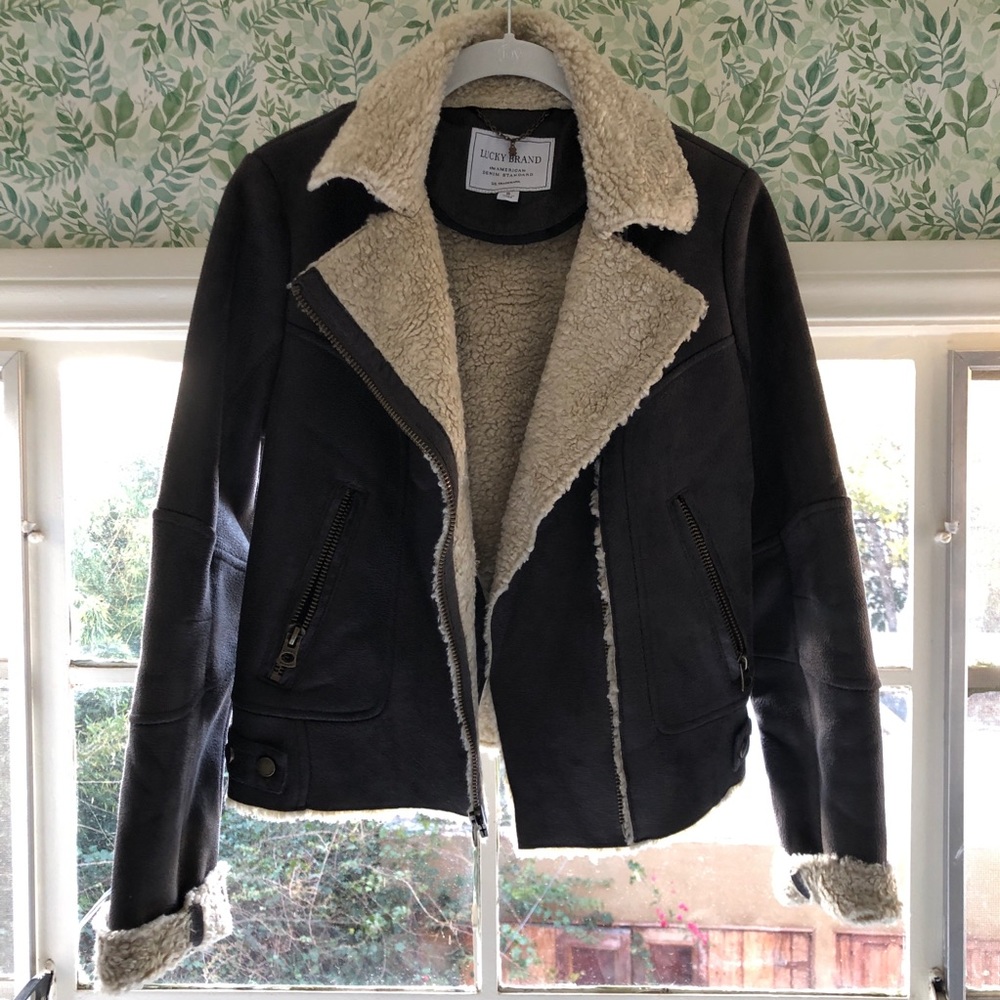Lucky brand grey suede Moto jacket with faux fur